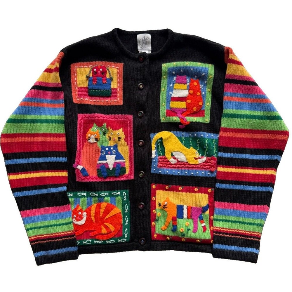 Vintage Fisher Hill Susan Bristol Cat Cardigan M Hand Embroidered Applique 90s